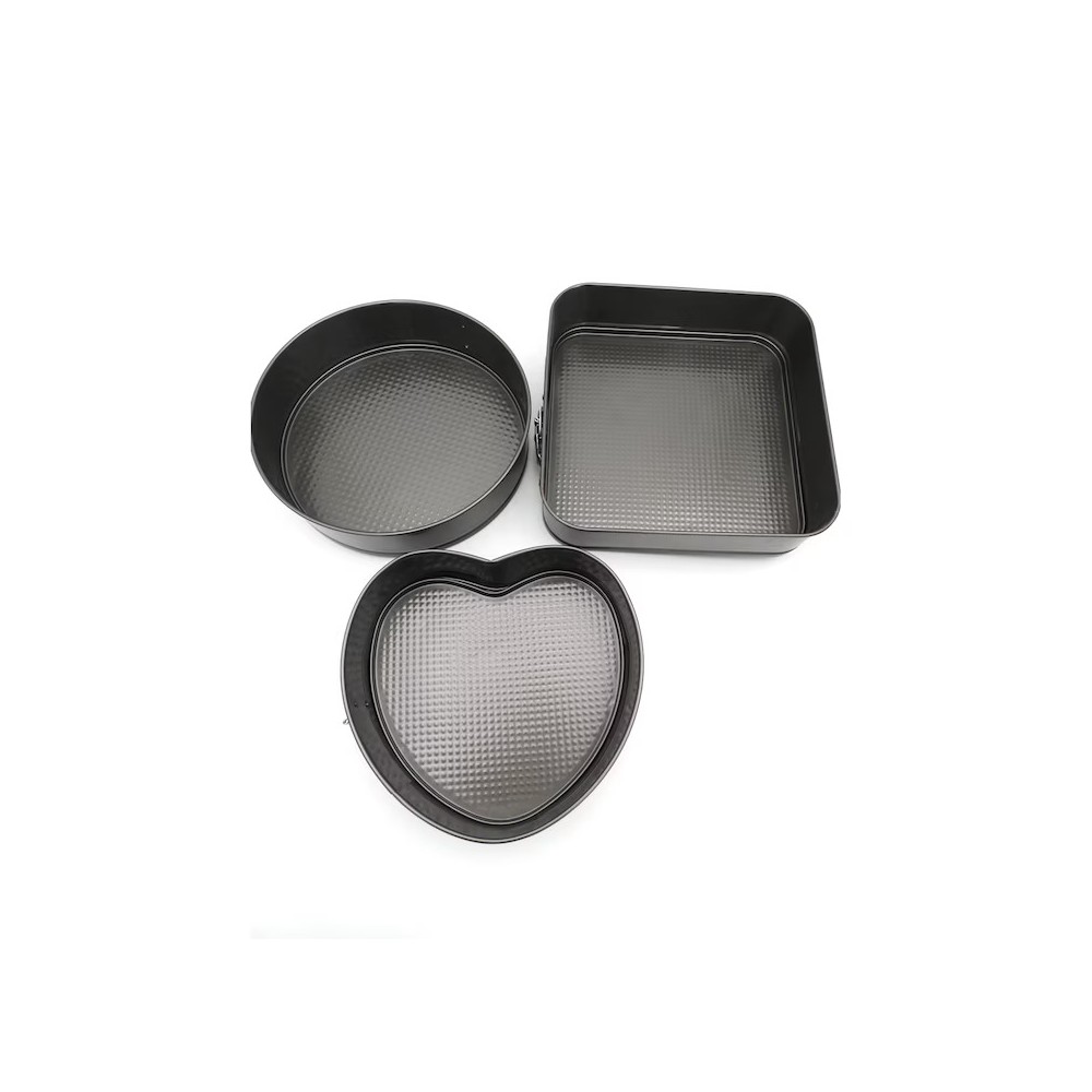 Set 3 Tăvi pentru Tort Antiaderente cu Bază Detașabilă – Pătrat, Inimă și Rotund